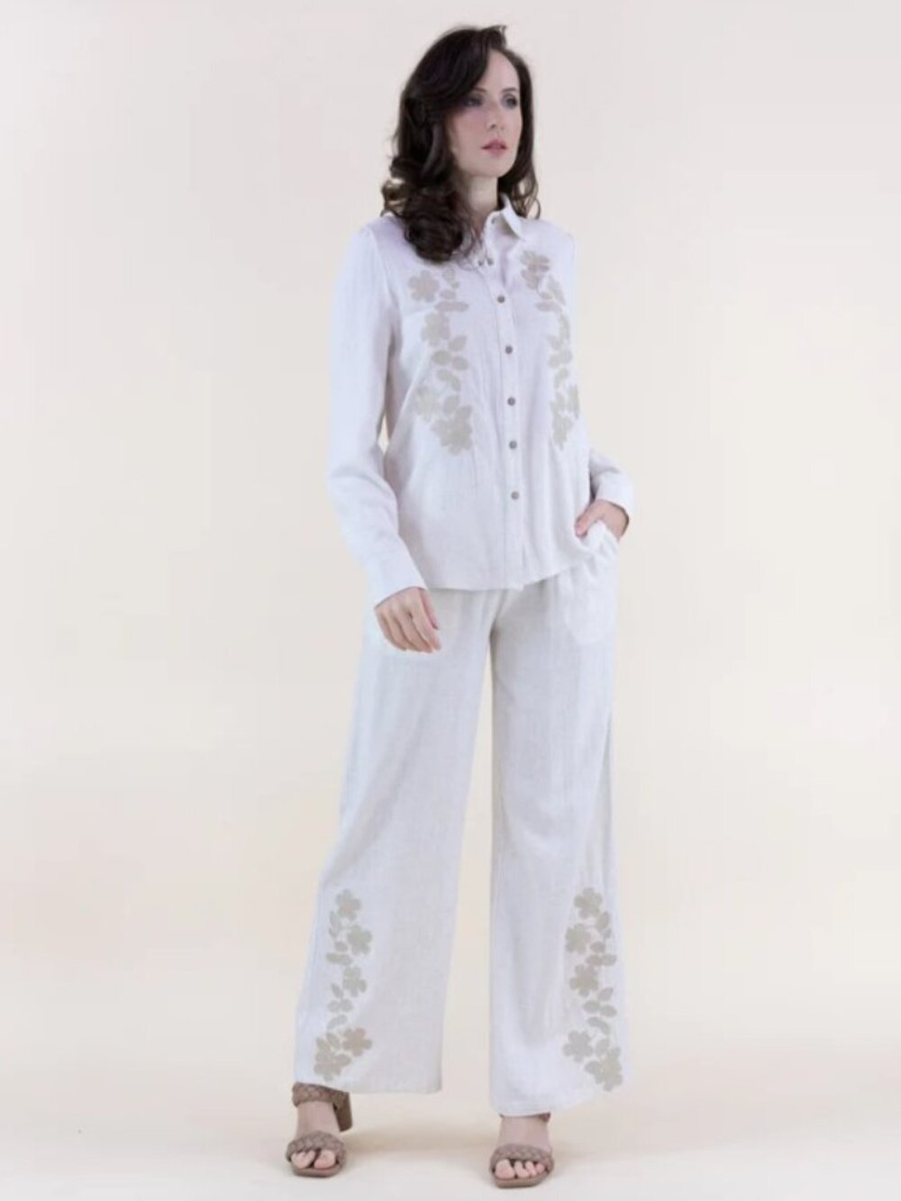 Elegant Ivory Linen Floral Embroidered Button-Up Top & Wide-Leg Pants Set